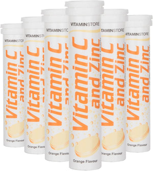 Vitamin C and Zinc Effervescent Tablets, Orange Flavoured, Suitable for Vegans, 6 Packs of 20