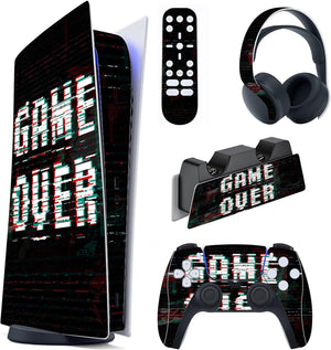 Game Over Glitch Full Set Skin Decal for ps5 Console Digital Edition, Sticker Vinyl Decal Cover for ps5 Controller & Charging Station & Headset & Media Remote