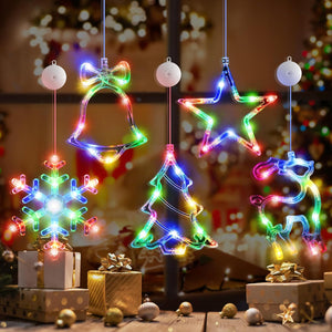 [Timer] 5Pcs Christmas Window Lights Decorations,Battery Powered Christmas Hanging Multicolor Lighted Snowflake Tree Star Deer Bells Shaped LED Sucker for Xmas Tree Fireplace Indoor Decor