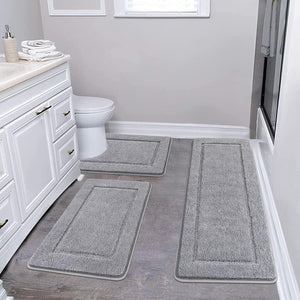 Microfiber Soft Bath Mat Set 3 Piece Absorbent Bathroom Toilet Rug Non Slip Machine Washable Bath and Pedestal Mat Sets, Grey