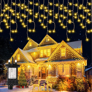 Icicle Outdoor Christmas Lights, 400 LED 12.8+5M Icicle Lights Outdoor Christmas Decor Fairy Lights Plug-in IP65 Waterproof 8 Modes Light Up Xmas Decorations for Roof Window Curtain,Warm White