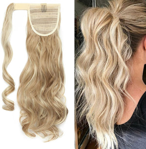 17" Clip in Hair Extensions Wrap around Ponytail Long Curly Wavy Hairpiece (17 inches, Sandy Blonde & Bleach Blonde)