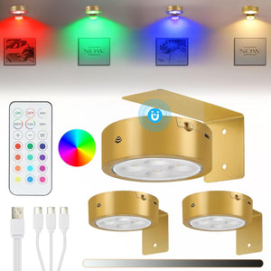 3 Pack Picture Lights for Wall Battery Operated Gold Picture Light Rechargeable Dimmable Timer Painting Frame Light Cordless Art Lights for Wall Led Puck Lights with Remote Control Gold RGB