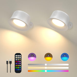 Wall Lights, LED Wall Lamp with RGB 18 Colors, 3200mAh Rechargeable Battery Operated, Touch and Remote Control, Dimmable Wireless Wall Sconces for Bedroom Indoor, 360° Free Rotation, 2 Pack