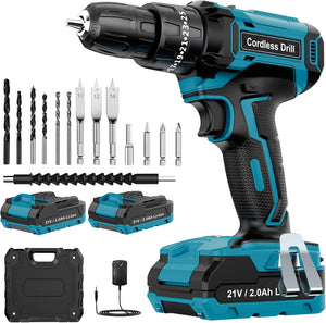 Cordless Drill Set 21V, Cordless Hammer Drill with 2 Batteries 2000mAh, 25+3 Torque, 42N.m Max Electric Drill, 2 Speed, LED Light,14PCS Drill Bits for Home and Garden DIY Project