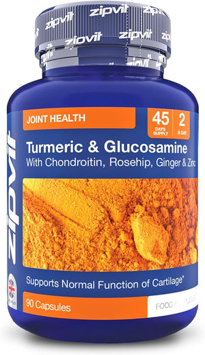 Turmeric & Glucosamine Complex with Chondroitin, Vitamin C, Rosehip, Ginger & Zinc. 90 Capsules. High Strength Joint, Bone & Cartilage Health, Reduces Fatigue, Immunity Support