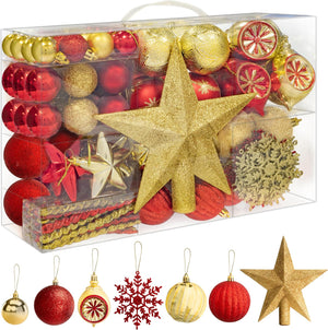 108 Pieces Christmas Tree Baubles Set - Assorted Gold & Red Decorations - Shatterproof Hanging Ornaments for Xmas Trees, Wreath, Garland - Balls, Stars, Snowflakes, Icicles Decor