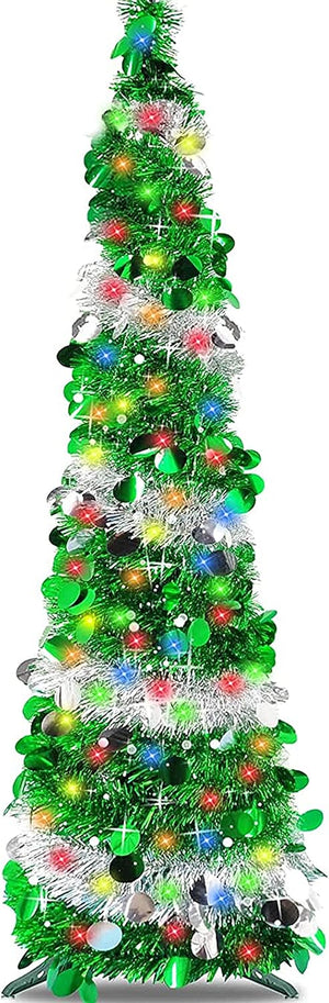 5 FT Collapsible Artificial Christmas Tree, Collapsible Pop Up Christmas Tinsel Tree with 100 Color LED Lights, Tinsel Christmas Tree for Home Party Indoor Outdoor Xmas Decoration