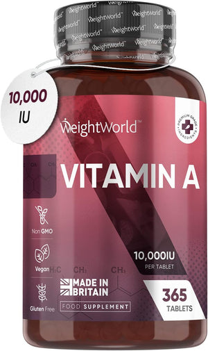 Vitamin A 10,000IU - 365 Vegan Tablets (1 Year Supply) - 3000μg VIT A Retinol Supplement in Bioavailable Retinyl Acetate Form for Eye & Skin - Not Vitamin A Capsules - Made in The UK