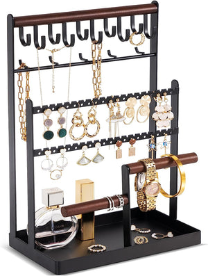 Jewelry Organiser Stand Necklace Organizer Earring Holder, 6 Tier Jewelry Stand Necklace Holder with 15 Hooks, Jewelry Tower Display Rack Storage Tree for Bracelets Earrings Rings -Black