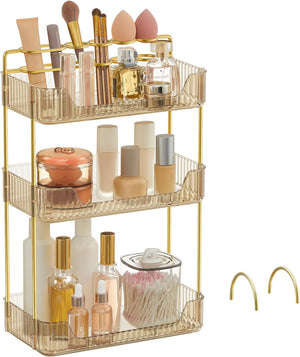 Makeup Organiser, 2 Types of Accessories, 3-Tier Skincare Organiser, Rectangular, Customisable, Jewellery Holder, for Vanity, Gift, Champagne Gold JKA013A01