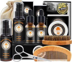 Upgraded Beard Grooming Kit w/Beard Conditioner,Beard Oil,Beard Balm,Beard Brush,Beard Wash,Beard Comb,Beard Scissor,Bag,E-Book,Beard Care Daddy Gifts for Men Him Dad Husband Boyfriend