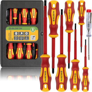 Insulated Screwdriver Set - 8pcs VDE Tested Electrical Screwdriver Set to 1000V, Hardened Black Point Magnetic Tipped Electricians Screwdriver Set with Anti-Roll Design - Storage Case Included