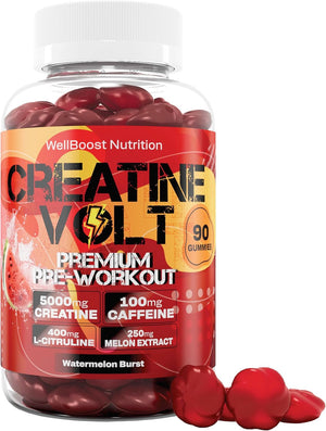 Creatine Volt 90 Gummies, 5000mg Creatine monohydrate,100mg Caffeine, 400mg L- Citrulline, 250mg Watermelon Extract (Essential Electrolytes), Vegan Sugar Free with Watermelon Burst Flavour