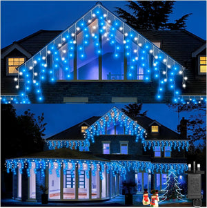 Icicle Outdoor Christmas Lights, 14m/46ft 360LED Blue White Plug in Lights,Xmas Icicle Light - 8 Lighting Modes,Memory, Mains Powered for Home/Window/Party/Indoor Decor