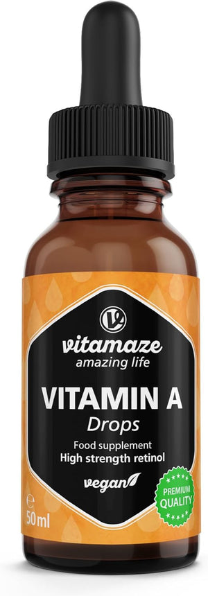 Vitamin A Drops 5000 IU High Strength per Daily Dose, Retinol Liquid & Vegan, 50 ml (1700 Drops), Natural Food Supplement Without Additives, High Bioavailability