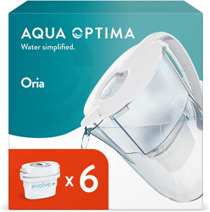 Oria Water Filter Jug & 6 x 30 Day Evolve+ Filter Cartridge, 2.8 Litre Capacity, for Reduction of Microplastics, Chlorine, Limescale and Impurities, White (Packaging may vary)