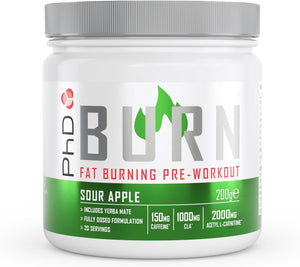 Burn Pre Workout Powder with L Carnitine for Women and Men, Rich in CLA, High Caffeine for pre-Workout, Sour Apple Flavour, 20 Servings (200g)