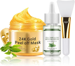 Peel Off Face Masks, 24K Gold Foil Peel Off Mask with Tea Tree Serum - Purifying Deep Cleansing Face Peel Acne Treatment, Pores Shrinking Face Masks Skincare Face Mask Set