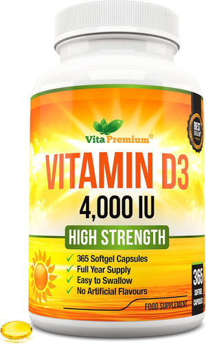 Vitamin D 4,000 IU Softgels, Maximum Strength Vitamin D3 Supplement, 365 Easy to Swallow Tablets - Full Year Supply