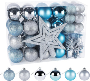 70Pcs Christmas Baubles Set, Christmas Balls Shatterproof, Christmas Tree Ornaments, Hanging Christmas Decorations for Xmas Tree, Wedding, Party, Blue & Silver