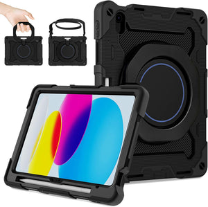 for iPad 10th Generation Case 10.9 inch 2022,with Screen Protector Heavy Duty Shockproof Protective Kids Case Cover for iPad 10th Gen with 360 Stand & Pencil Holder & Shoulder Strap,Black