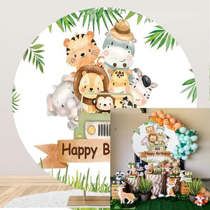 220cm Diameter Animals Birthday Round Photography Backdrop, 7ft Cute Jungle Safari Forest Greenery Car Zoo Background 1st 2nd Baby Birthday Newborn Party Kids Portrait Photo Studio Props