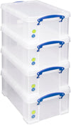 9 Litre Plastic Storage Box Clear, Multi-purpose stacking storage, with a lid and clip lock handles, Ideal for home, office, school and arts and crafts storage (Pack of 4)