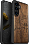 Wood Case for Galaxy S24 Case 2024 [Natural Wood & Black Soft TPU] Shockproof Protective Cover Unique Wooden Case Compatible with Samsung S24 Case (Incomplete Compass-Walnut)