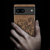 Wood Case for Pixel 8 Case [Natural Wood & Black Soft TPU] Shockproof Protective Cover Unique Wooden Case Compatible with Google Pixel 8 Case (Octopus Drawing-Walnut)