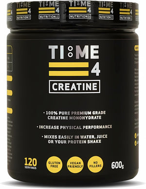 Time 4 Creatine Powder 600g - 120 x 5g Servings - Micronised Creatine Monohydrate Powder, Unflavoured 100% Pure Premium Grade Creatine Monohydrate, Easy To Mix, Vegan Friendly, Gluten Free, No Fillers