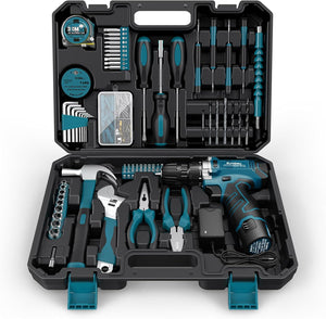 Home Tool Kit 206-PCs - Household Tool Set with 12V Cordless Drill Portable Starter Power Tool Combo Kits - Basic General Homeowner Tool Box for Men & Women for Yard & Office & House Repair