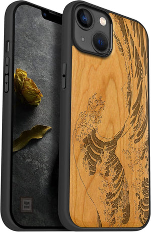 Case for iPhone 14 Plus Case Compatible MagSafe Protective Cover Wood Hybrid TPU Shockproof Bumper For Apple 14 Plus Magnetic Cases Design Wooden (The Great Wave Off Kanagawa-Cherry)