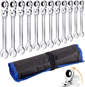 Ratchet Spanner Set 12pcs Metric Flexible Combination Wrench with Gear Ring Open-end Box-end Flex Flexi Head DIY Hand Tools Kit in Roll Bag 8-19mm