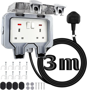 Outdoor Plug Sockets Waterproof 3m Extension Lead Ip66 Weatherproof Double Socket Outside Plug Socket 13Amp 2 Gang External Power Electrical Socket for Outdoors Garden