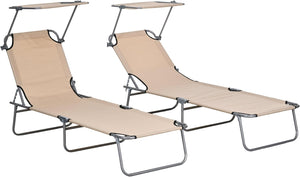 Outdoor Foldable Sun Lounger Set of 2, 4 Level Adjustable Backrest Reclining Sun Lounger Chair with Angle Adjust Sun Shade Awning for Beach, Garden, Patio, Sand