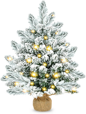 Tabletop Christmas Tree, 20 inch Artificial Mini Christmas Tree with LED Lights, Snow Flocked Xmas Tree with Burlap Base, Table Desktop Christmas Tree for Home Office Christmas Holiday Decorations