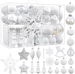 100pcs Christmas Tree Decorations Ornaments Set, Shatterproof Plastic Christmas Baubles Decorative Balls for Xmas Tree Decor Holiday Wedding Party, White