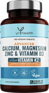 Calcium, Magnesium, Zinc and Vitamin D Plus Vitamin K2 MK-7 Tablets - Osteo Supplement - 180 Vegan Tablets not Capsules - Made in The UK by