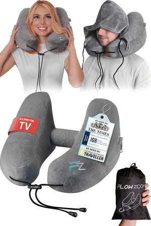 AIR Inflatable Travel Pillow for Airplane - Hooded Neck Pillow for Travel - Inflatable Travel Neck Pillow - Plane Pillow - Neck Cushion - Flight Pillow - Travel Neck Pillows - Grey