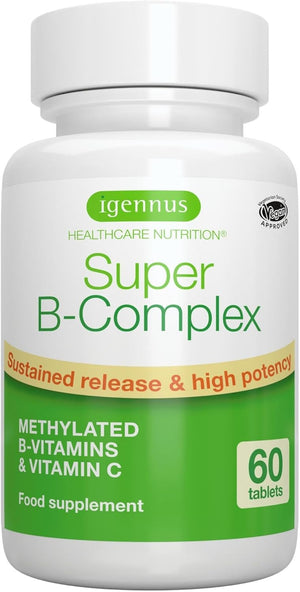 Super B-Complex - High Absorption Methylated B Vitamins, Clean Label, Sustained Release - Complete Spectrum of B Vitamins with Folate, Boosted B12 & Vitamin C, 60 Tablets, by Igennus