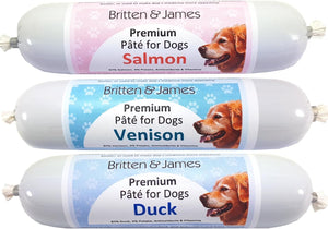 Britten & James Premium Pate for Dogs. Variety Pack of Salmon, Venison and Duck (3 x 200g) - Pure, Natural and Delicious - a Perfect Training Treat