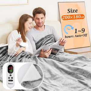 Grey Electric Heated Blanket Throw Flannel Sherpa Fast Heating 200x180cm, 10 Heat Levels & Up-to-9-Hours Auto-Off Timer & LED Display, for Home Office Use, Machine Washable, ETL Certified