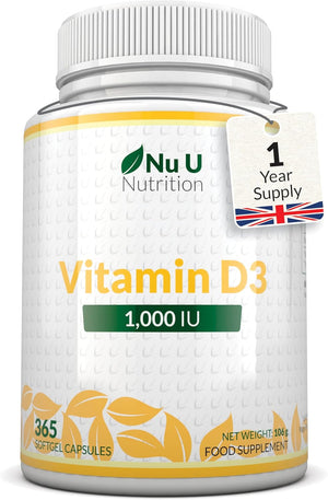 Vitamin D 1000iu - 365 Softgels Capsules - 1 a Day - 1 Year Supply - High Strength Vitamin D Supplement - Cholecalciferol VIT D3 - Made in The UK -