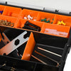 Set Of 4 Plastic DIY Tool Storage Boxes w/Inside Dividers Locking Lids Home Garage Organisation Stacking Arts Crafts Bolts Black Orange