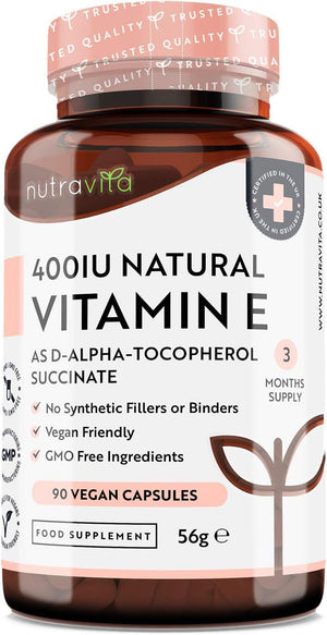 Vitamin E 400IU D-Alpha Tocopherol – 100% Natural Vitamin E – 90 Vegan Capsules – Highly Absorbable – 3 Month Supply – Protects Cells from Oxidative Stress – Made in The UK by