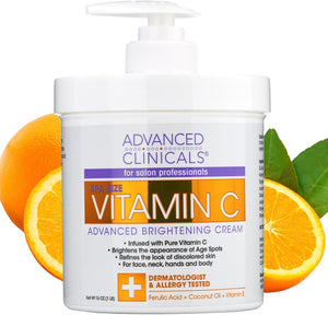 Vitamin C Cream. Advanced Brightening Cream. Anti-aging cream for age spots, dark spots on face, hands, body. Large 16oz.