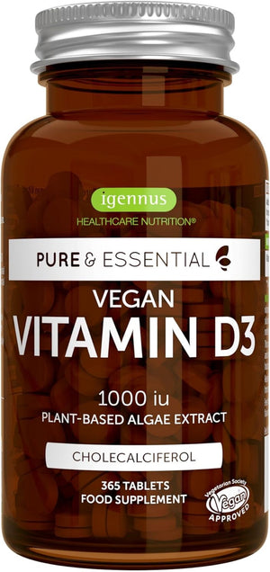 Pure & Essential, Vegan Vitamin D3, 1-Year Supply, 1000 iu, Natural Plant-Based Algae, Small Tablets for Kids & Adults