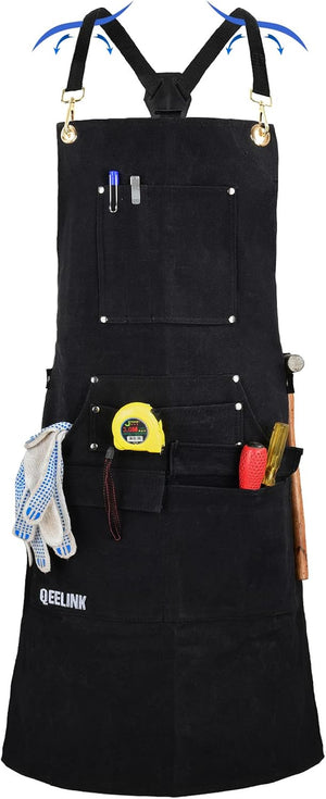 Work Apron with 10 Tool Pockets, Woodworking Fireproof Apron for Men, Carpenter Canvas Apron Adjustable M to XXXL Cross back Tools Apron, Black