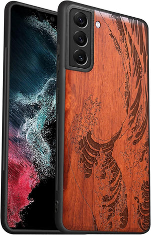 Wood Case for Galaxy S22 Case 2022 [Hard Real Wood & Soft TPU] Shockproof Hybrid Protective Cover Unique & Classy Wooden Case Compatible with Samsung S22 Case (Wave Off Kanagawa-Rosy)